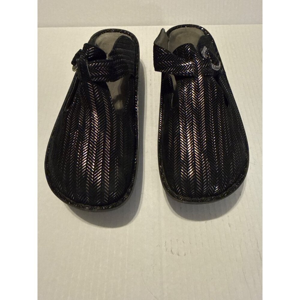 Alegria ALG-255 Classic Black Metallic Herringbone Occupational Clog Mules  39
